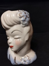 Vintage 1950s Glamor Pin-up Lady Head Vase/Planter - Blue Flower Accent picture