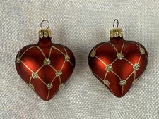 Lot Of 2 Vintage Slovakia Red Heart Glass Christmas Ornament Gold Glitter picture