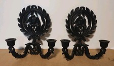 Vintage Pair Of Black Cast Iron Federal Eagle Candle Holders Wall Sconces  picture