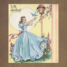 Unused Vintage 1940s Doubl-Glo TO MY SWEETHEART Love Card, Bluebirds Girl Dress picture