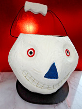 RARE VTG HALLOWEEN DECOR WHITE CRACKLED PAPIER-MACHE SKULL FOLK ART CANDY BUCKET picture