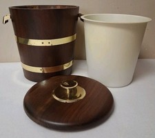 Vintage 1960s Vermillion Walnut Wood Ice Bucket Brass Bands MCM Barrel Barware  picture