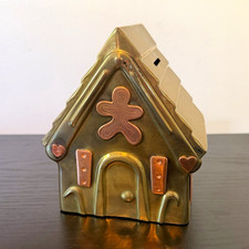 Vintage Made in Hong Kong Brass Copper Gingerbread House Coin Bank Christmas picture