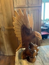 Vintage Solid Piece Hand-Carved Wooden Eagle w Glass Eyes Signed 16/100 - 17