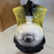Rare Vintage Ceramic Happy face Train Coin Bank w/Coin Slot & Bottom Plug picture