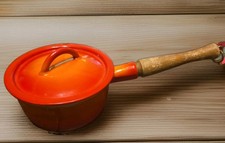 Vintage Descoware Enamel Cast Iron Pot w Lid Flame Orange 80-A Rare Wood Handle picture