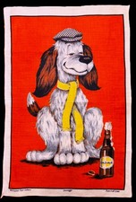 NWOT Vtg. DUNMOY Linen Tea Towel Wall Art BOOZY DOG & OLD ALE BOTTLE picture