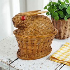 VTG Woven Wicker Rabbit Bunny On Nest Lidded Basket Country Farmhouse Easter 6