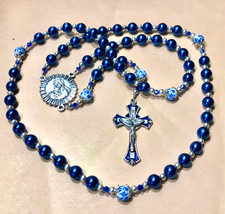 Stunning Rosary Midnight Blue Metallic Glass Beads Matching Crucifix - 20” picture