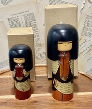 Vintage Japanese Kokeshi Dolls (Set Of 2) Wood Carved Signed By Artist With Box picture