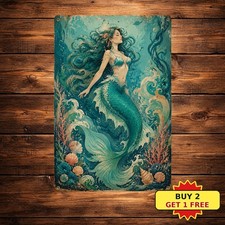 Enchanting Mermaid Underwater Coral Reef Marine Life Scene Retro Metal Sign 8x12 picture