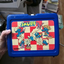 Vintage 1987 Smurfs Plastic Lunch Box Thermos Brand Blue Picnic No Thermos 80s picture