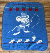 Rare Vintage San Marcos Mexico Mouse Fishing Blanket Child Crib Blue 43x53 picture