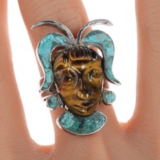 sz9.75 Mid Century Mexican sterling silver carved tiger's eye ring picture