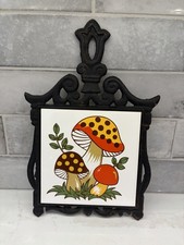 Vintage 70s Merry Mushroom Tile Cast Iron Trivet Pot Holder Sears Roebuck Retro picture