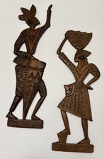Vintage Pair Of MCM African Wood Carved Tribal Wall Hangings 22 Inch picture