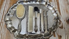 Vintage Silverplate Vanity Grooming Set w/ Hairbrush, Comb, Small Brushes, Tray picture