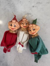 Vintage 1950's Knee Hugging Elf Pixie Set Of 3 Christmas Ornaments Japan picture