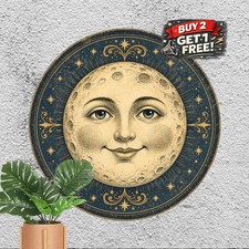 Antique Crescent Smiling Moon Face Round Metal Sign Room Decor Plaque 8x8 picture