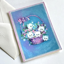 Vtg Early Mary Hamilton Hallmark Note Card White Kitten Cat Easter Basket Spring picture