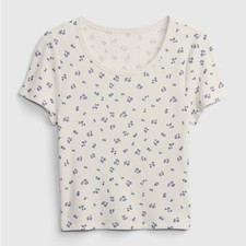 GAP Teen Waffle Knit Cream Ribbed Scoop Neck Tee Blue Floral Print Size 12 picture