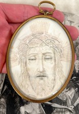 Antique Embroidered Miniature Veronica's Veil Holy Christ Portrait 19th C French picture
