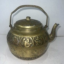 Vtg Brass Horoscope Teapot Etched Designs 12 Zodiac Signs 7.5x7 Patina picture