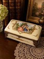 Antique FBS Porcelain Jewelry Casket Hand Painted Gilt Metal Footed Dresser Box picture