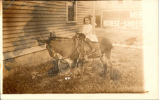 Girl on Horse RPPC Horse-Shoeing Shop Sign Blacksmith Farrier Photo Postcard picture