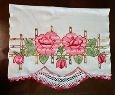 Vtg Hand Embroidered Kitchen Tea Towel Amazing Pink Floral w/ Crochet Edge Mint picture