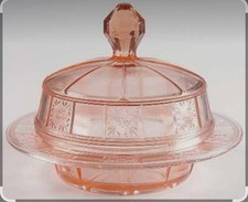 VTG 1935 JEANNETTE DEPRESSION GLASS PINK DORIC~ ROUND COVERED BUTTER DISH W/LID picture