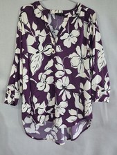 Floral Women's Blouse Purple & Cream Long Sleeve Size 1XL picture
