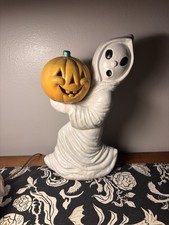 Vintage Ceramic 12” Halloween Running Ghost W/Pumpkin 1980s RARE picture