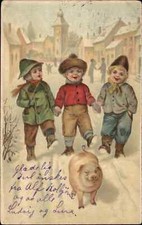 Little Boys on Snowy Street with Pig c1900 Vintage Postcard picture