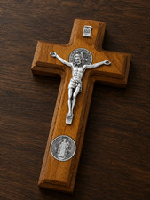 Pewter St. Benedict Medals and Italian Corpus Crucifix Wooden Sick Call Set picture