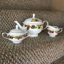 Charter Club Home Fashion Buffet Gold Macy's Holly Berry Pine Tea Pot 3 Piece picture