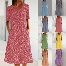 Plus Size Womens Boho Floral Midi Dress Ladies Summer Holiday Pockets Sundress picture