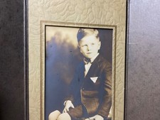 Vintage 1920's Sepia Photograph Seated Boy Portrait 4 x 6 Fancy Suit And Collar picture