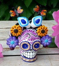 Day of the Dead Frida Kahlo Sugar Skull Butterflies Handmade Mexican Folk Art Sm picture