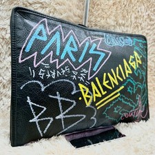 BALENCIAGA Graffiti Clutch Bag Black Leather and Canvas Large Space picture