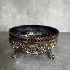 Vintage Iridescent Carnival Glass Footed Bowl Rose Floral Ornate Pedestal Dish picture