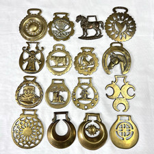 Brass Horse Medallion Lot of 16 Antique to Vintage Horseshoe Sun Crescent Wheat picture