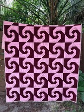 Rare Vintage Handmade Quilt 80x56 Snail’s Trail Patchwork Maroon Plaid Geometric picture