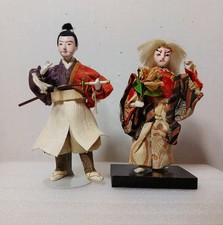 2 VTG Japanese Samurai Warrior, Mirror Lion Dance Gofun Geisha Doll Figurine MCM picture