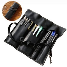 Vintage Genuine Leather Pen Pouch Roll-up Pencil Case Bag Stationery Storage US picture