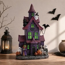 9in Halloween Village Figurine Set Resin Haunted House Decor (Purple) picture