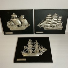 Vintage Nautical Wall Art Silver Embossed On Black Panels Italy MCM Set Of 3 picture