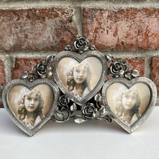 Russ VTG Metal Pewter Tone Triple Picture Frame Roses & Hearts Design 2x3 photo picture