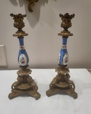 Antique Sevres Style Gilt Brass and Hand Painted Porcelain Candlesticks picture