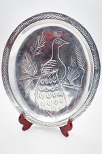 Vtg Heavy Cast Aluminum Metal Decorative Serving Platter Peacock Design Signed picture